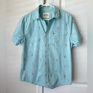 Hollister men's collared button down shirt Medium teal flamingos resortwear Prep